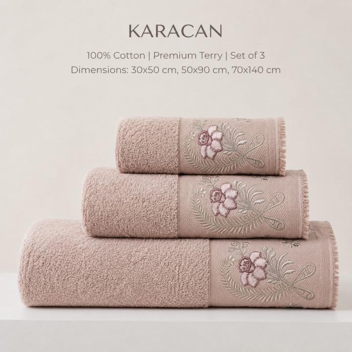 Комплекти рушників з вишивкою KARACAN 3шт. (Суха троянда квіти, 30х50/50х90/70х170)